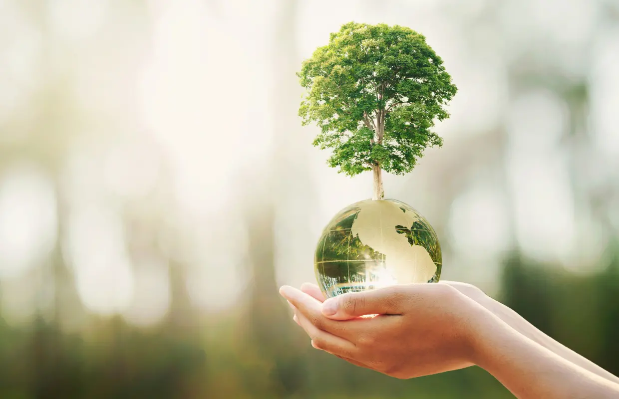 地球の緑を守るという意味を地球を手に取っている様子