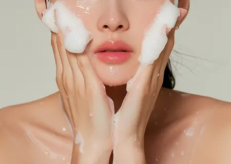 洗顔料で顔を洗っている女性